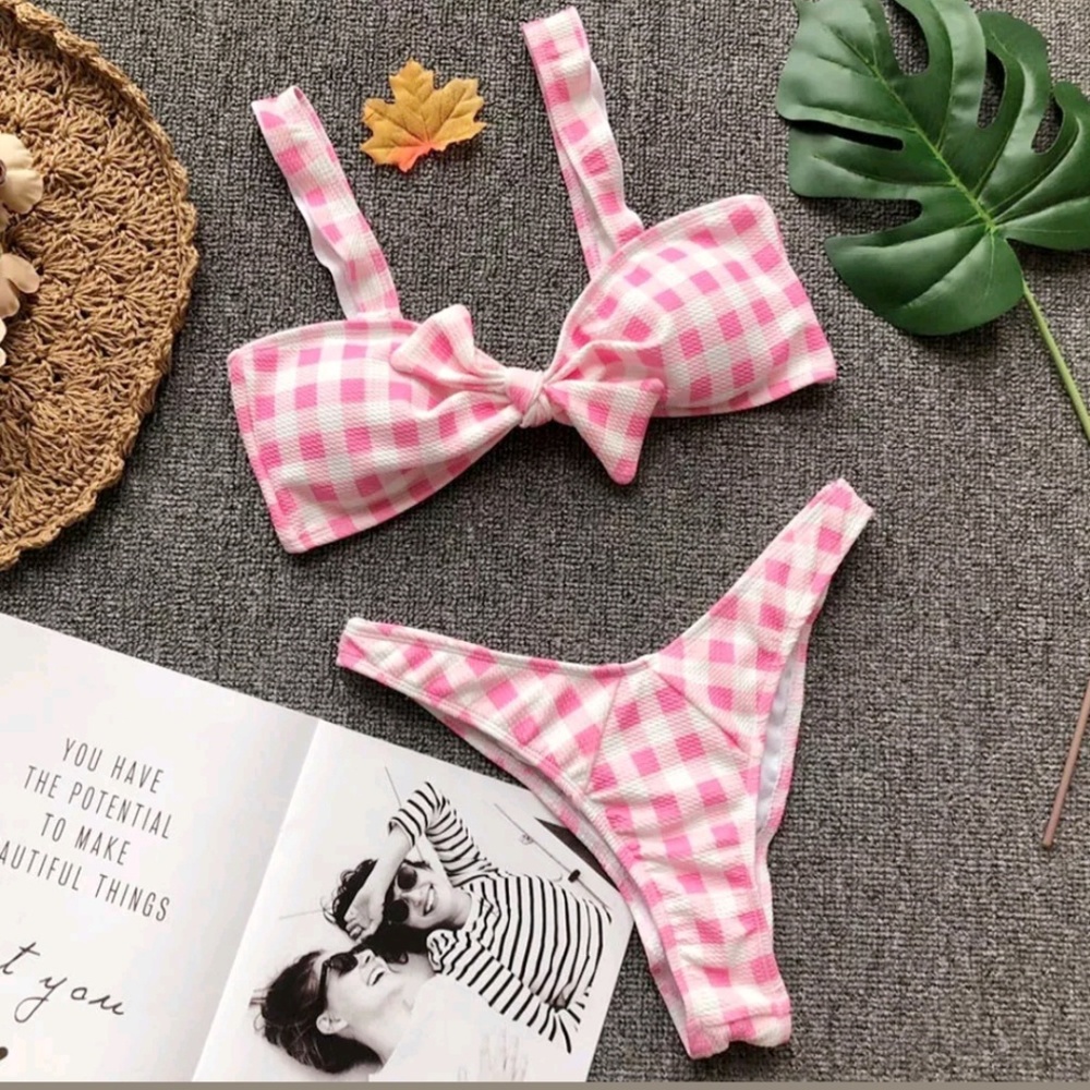 NEW Pushup Pink Gingham Tie Bikini M